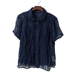 J. Crew Sheer Lace Trim Button Up Shirt Dot Crinkle Chiffon Sz 4 Blue NWOT CK971